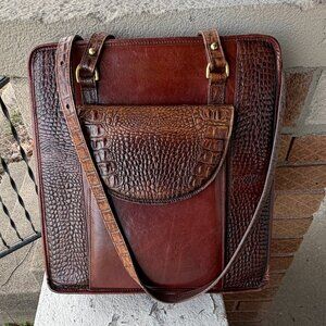 BRAHMIN Vintage USA 80s Pecan Large Office Book Moc Croc Tote Shoulder Bag Rare